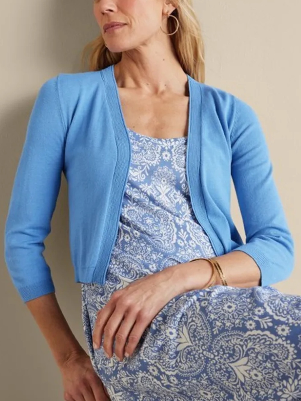 Soft Surroundings Women L Blue Bonnet 3/4 Sleeves Natalia Cardi Sweater NWT